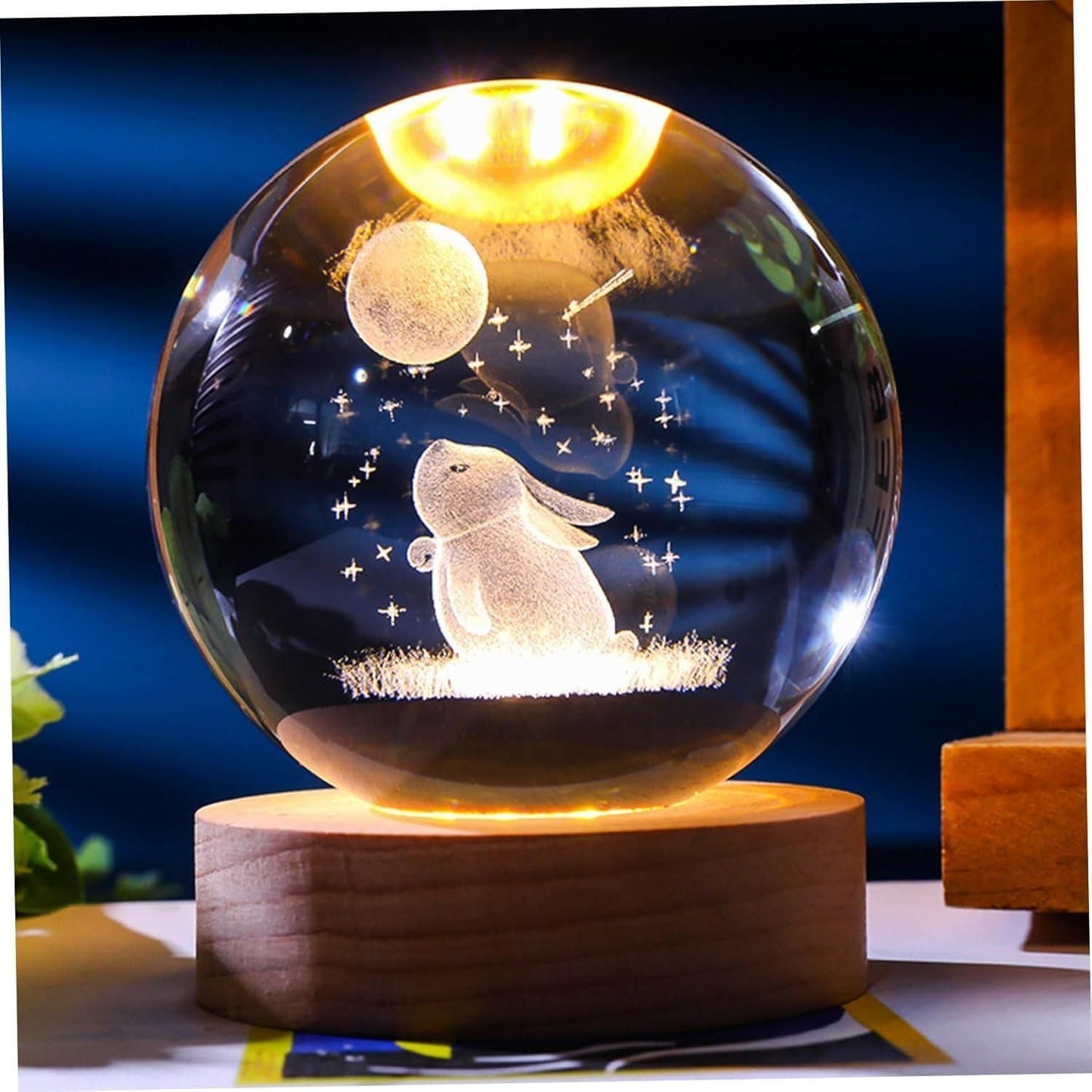 ✨ Moon-Rabbit 3D Crystal Ball LED Lamp with Wooden Base