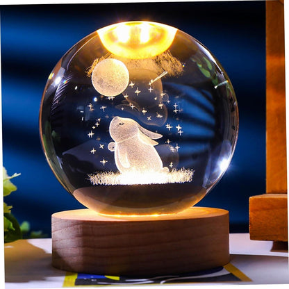 ✨ Moon-Rabbit 3D Crystal Ball LED Lamp with Wooden Base