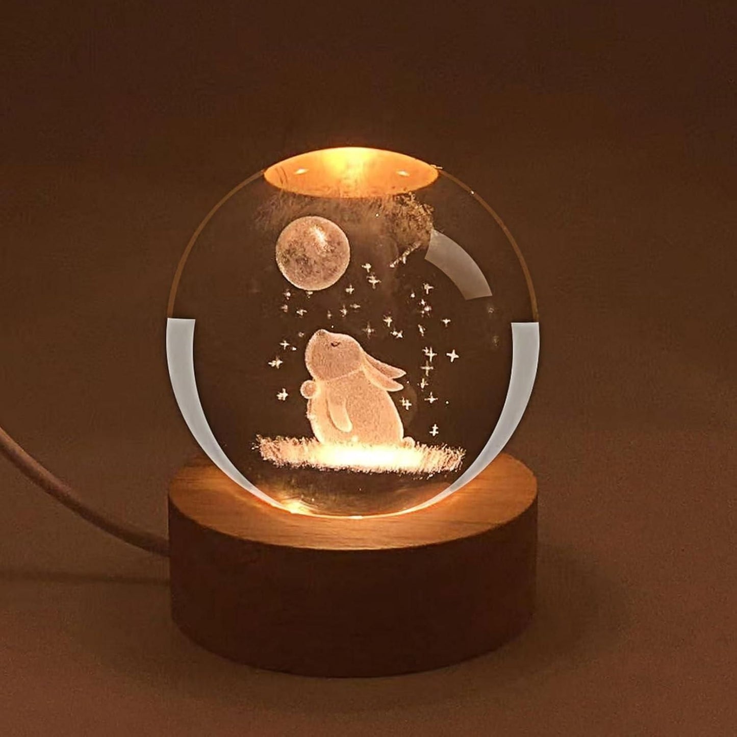 ✨ Moon-Rabbit 3D Crystal Ball LED Lamp with Wooden Base